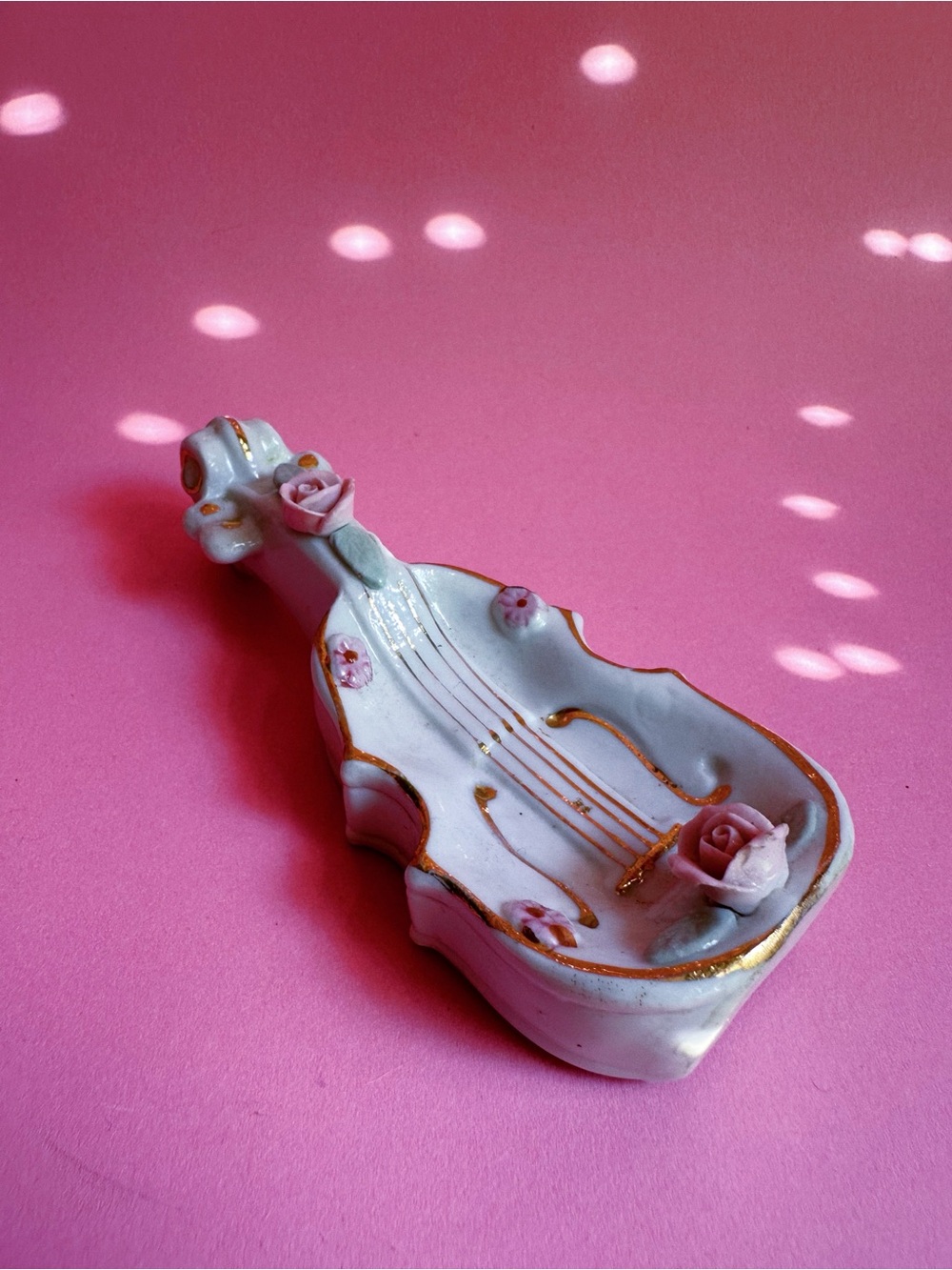 1950s Bone China Violin Trinket Dish With Pink Roses Made in Japan